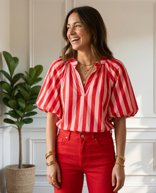 Ophelia Cotton Striped Top 'Baby Pink & Red' LIVE 03/09