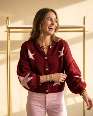 Seren Wool Cardigan 'Burgundy & Baby Pink'