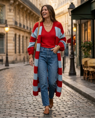 The Savoy Handknitted Striped Cardigan 'Blue & Red'