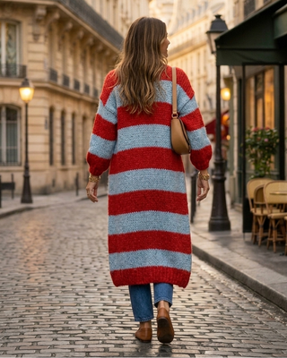 The Savoy Handknitted Striped Cardigan 'Blue & Red'