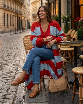 The Savoy Handknitted Striped Cardigan 'Blue & Red'