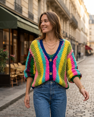 Iaorana Wool Hand Knitted Cardigan 'Multicoloured'