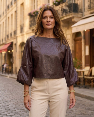 Verona Faux Leather Blouse 'Brown'