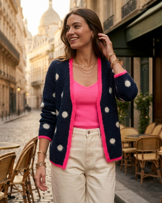 Mona Wool Neon Polka Dots Cardigan 'Navy/Cream/Pink' LIVE 17/9
