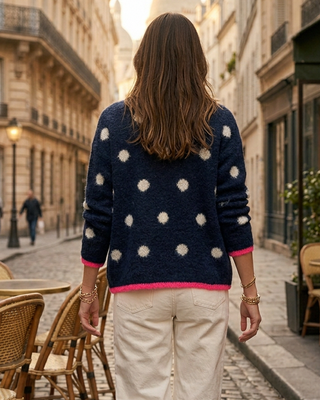 Mona Wool Neon Polka Dots Cardigan 'Navy/Cream/Pink' LIVE 17/9