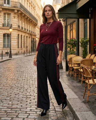 Camden Viscose Stripes Trousers 'Black & Burgundy' LIVE 17/9