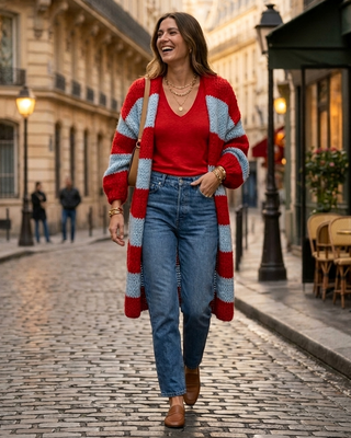 The Savoy Handknitted Striped Cardigan 'Blue & Red'