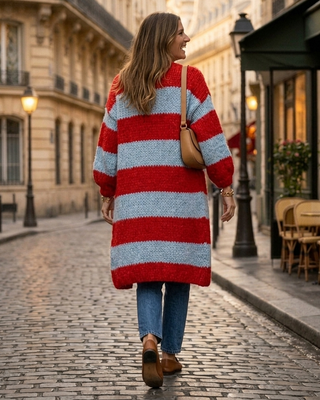 The Savoy Handknitted Striped Cardigan 'Blue & Red'
