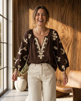 Olivia Embroidered Blouse 'Brown & Cream' LIVE 8/10