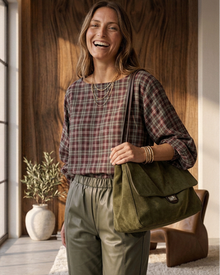 Amber Suedette Large Bag 'Moss Green & Brown' LIVE 8/10