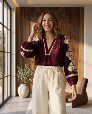 Sable Corduroy Embroidered Blouse 'Burgundy & Cream' LIVE 8/10