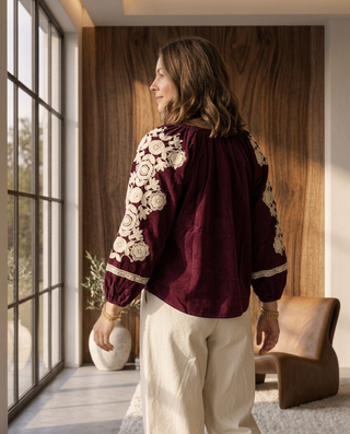 Sable Corduroy Embroidered Blouse 'Burgundy & Cream' LIVE 8/10