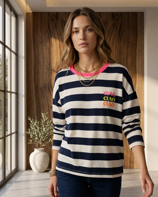 Ciao Striped Long Sleeves Top 'White/Navy/Neon Pink'