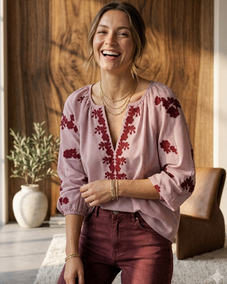 Olivia Striped Embroidered Blouse 'Burgundy & Cream' LIVE 15/10