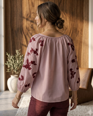 Olivia Striped Embroidered Blouse 'Burgundy & Cream' LIVE 15/10