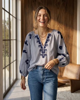 Olivia Striped Embroidered Blouse 'Navy & Cream' LIVE 15/10