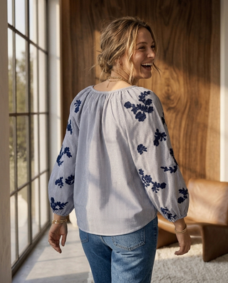 Olivia Striped Embroidered Blouse 'Navy & Cream' LIVE 15/10