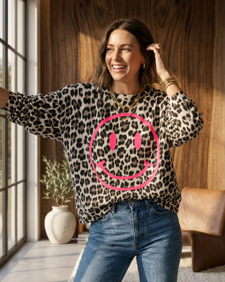 Smiley Sweatshirt 'Leopard & Neon Pink'