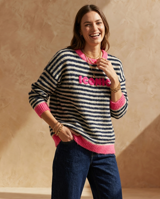Iconic Neon Neckline Wool Jumper 'Navy/Cream/Pink'