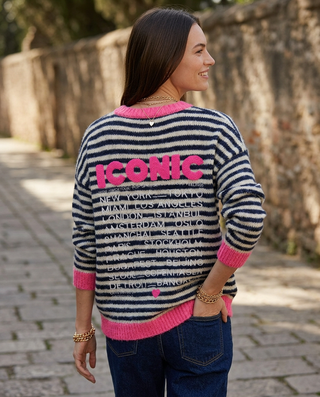 Iconic Neon Neckline Wool Jumper 'Navy/Cream/Pink'